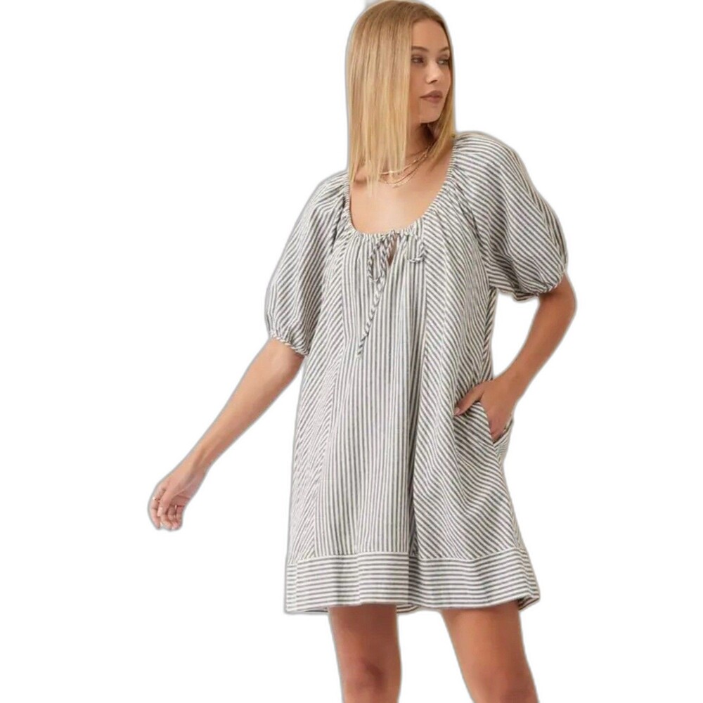 Illa Illa Babydoll Mini Dress Womens Medium M Gray Striped Coquette Boho Cottage